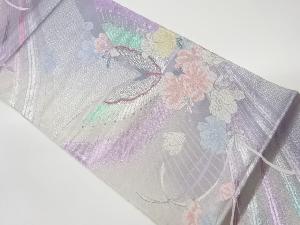 プラチナ箔二重織蝶に花々模様織出し袋帯